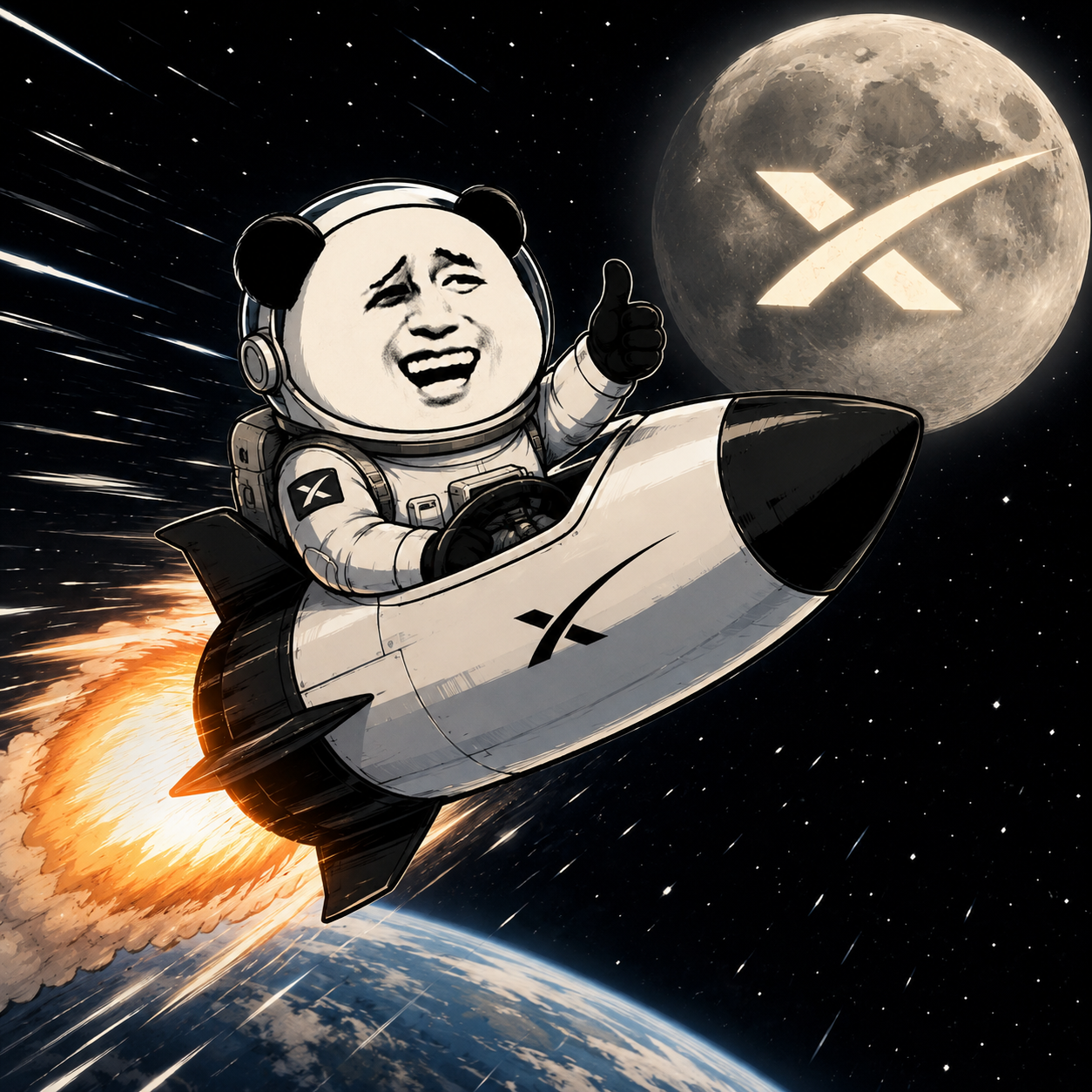 MoonPanda flying to the moon in a rocket
